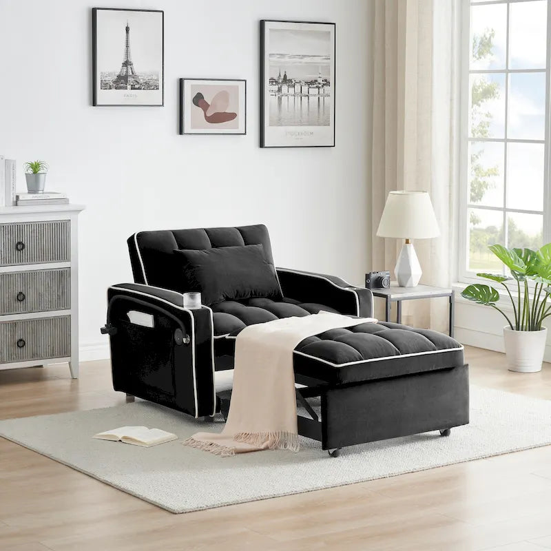 Canapé-lit pliable en velours blanc crème/noir avec dossier réglable, port USB et support de téléphone pivotant – 2 places