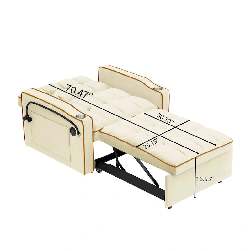 Canapé-lit pliable en velours blanc crème/noir avec dossier réglable, port USB et support de téléphone pivotant – 2 places