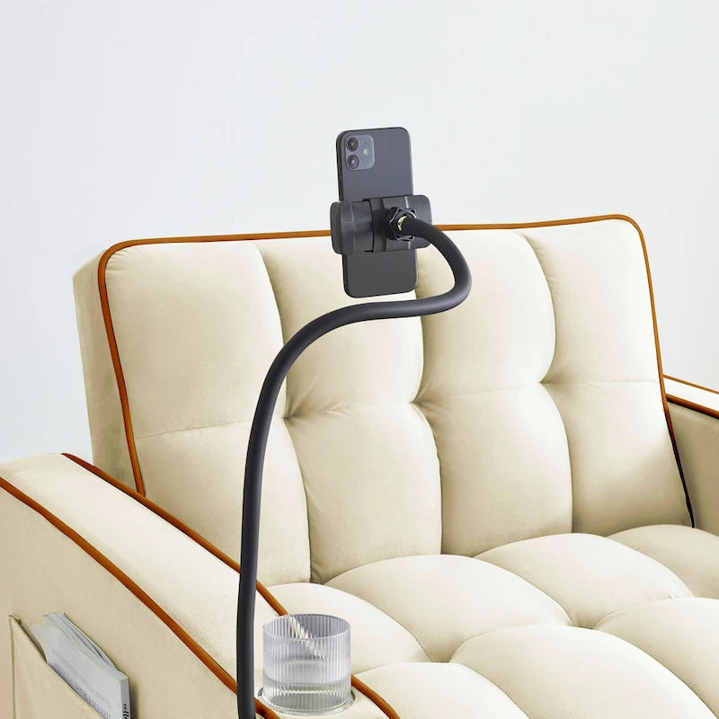Canapé-lit pliable en velours blanc crème/noir avec dossier réglable, port USB et support de téléphone pivotant – 2 places