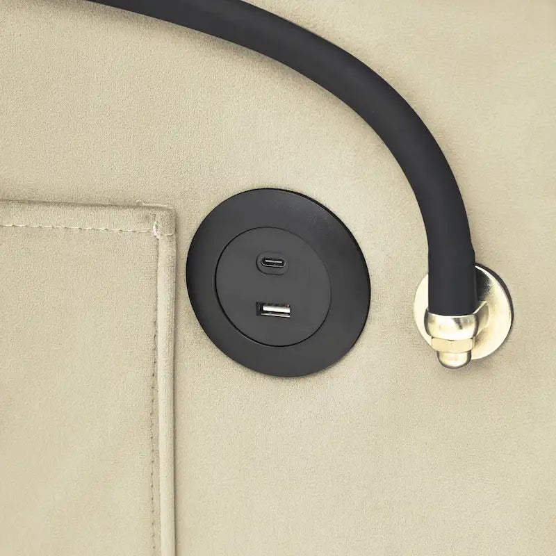 Canapé-lit pliable en velours blanc crème/noir avec dossier réglable, port USB et support de téléphone pivotant – 2 places