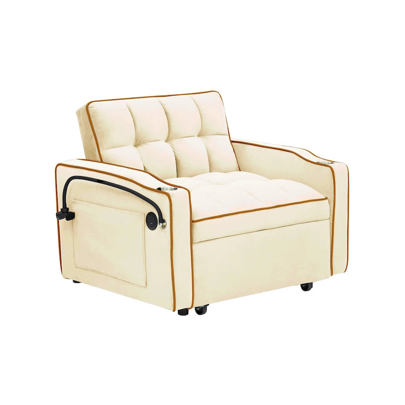 Canapé-lit pliable en velours blanc crème/noir avec dossier réglable, port USB et support de téléphone pivotant – 2 places
