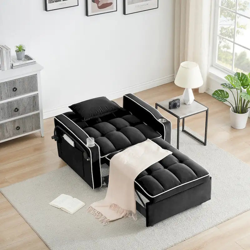 Canapé-lit pliable en velours blanc crème/noir avec dossier réglable, port USB et support de téléphone pivotant – 2 places