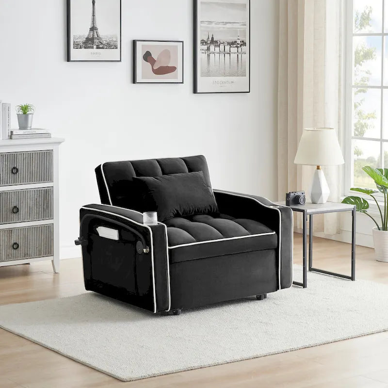 Canapé-lit pliable en velours blanc crème/noir avec dossier réglable, port USB et support de téléphone pivotant – 2 places