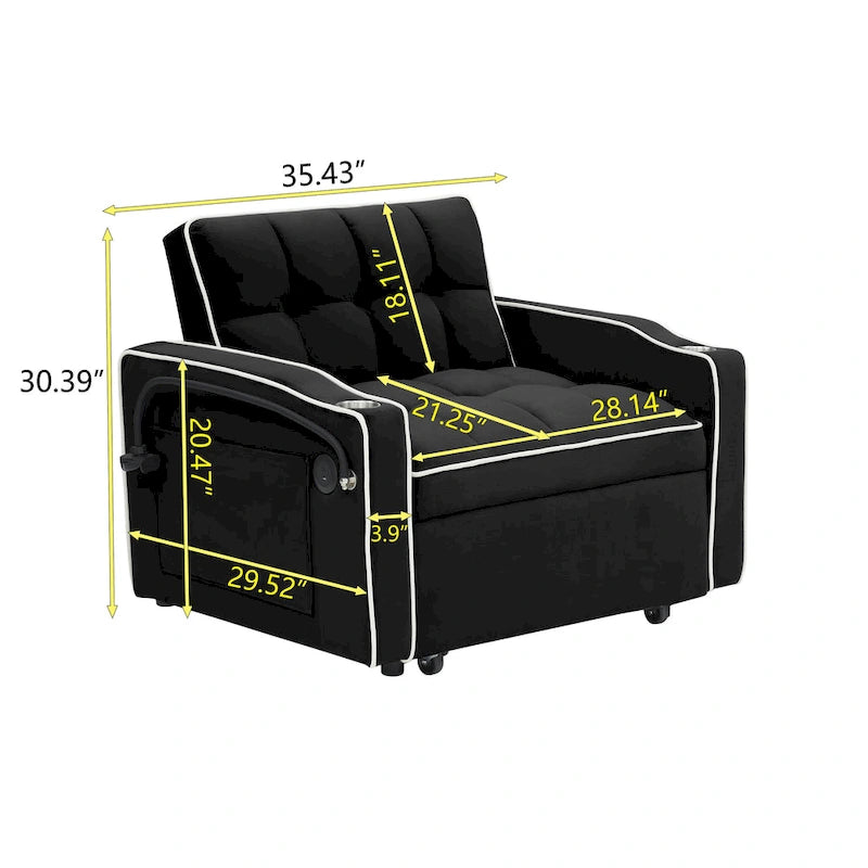 Canapé-lit pliable en velours blanc crème/noir avec dossier réglable, port USB et support de téléphone pivotant – 2 places