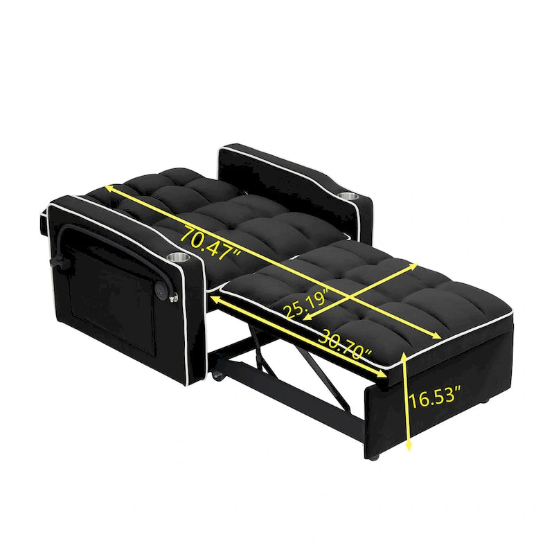 Canapé-lit pliable en velours blanc crème/noir avec dossier réglable, port USB et support de téléphone pivotant – 2 places