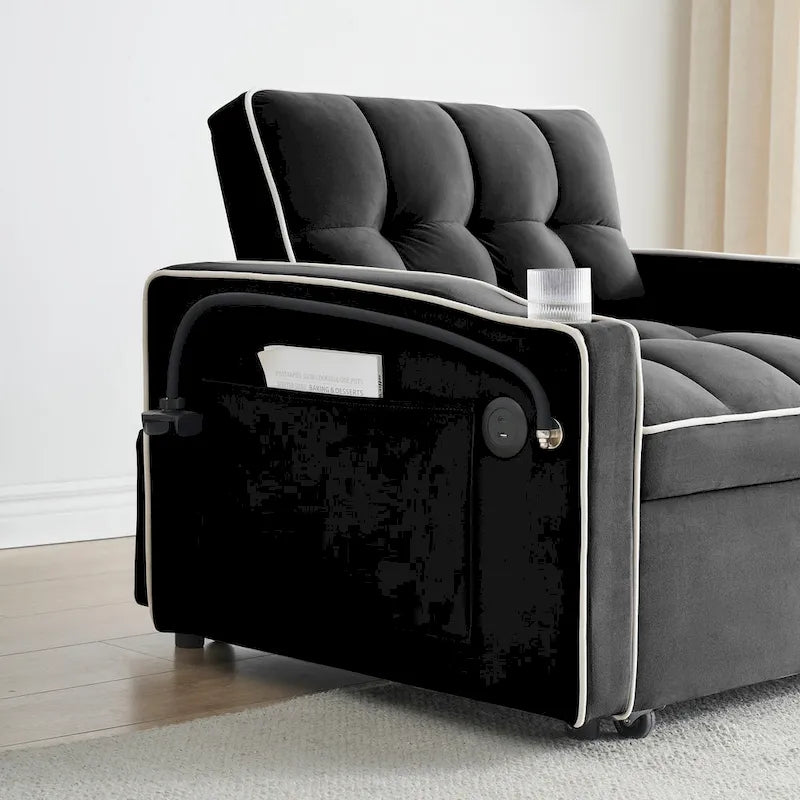 Canapé-lit pliable en velours blanc crème/noir avec dossier réglable, port USB et support de téléphone pivotant – 2 places