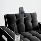 Canapé-lit pliable en velours blanc crème/noir avec dossier réglable, port USB et support de téléphone pivotant – 2 places