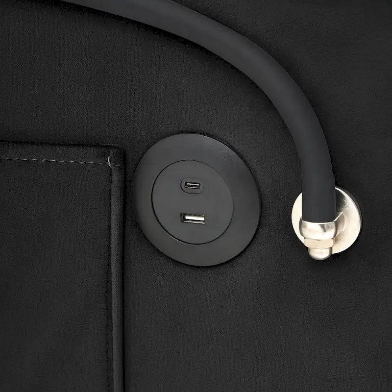 Canapé-lit pliable en velours blanc crème/noir avec dossier réglable, port USB et support de téléphone pivotant – 2 places