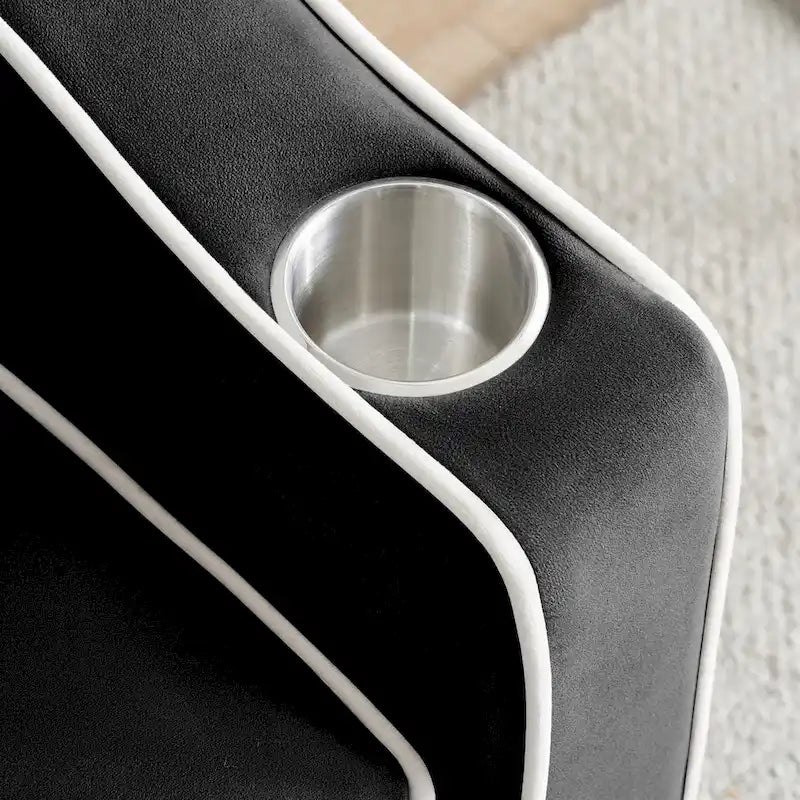 Canapé-lit pliable en velours blanc crème/noir avec dossier réglable, port USB et support de téléphone pivotant – 2 places