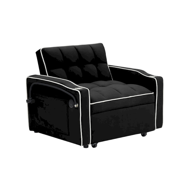 Canapé-lit pliable en velours blanc crème/noir avec dossier réglable, port USB et support de téléphone pivotant – 2 places