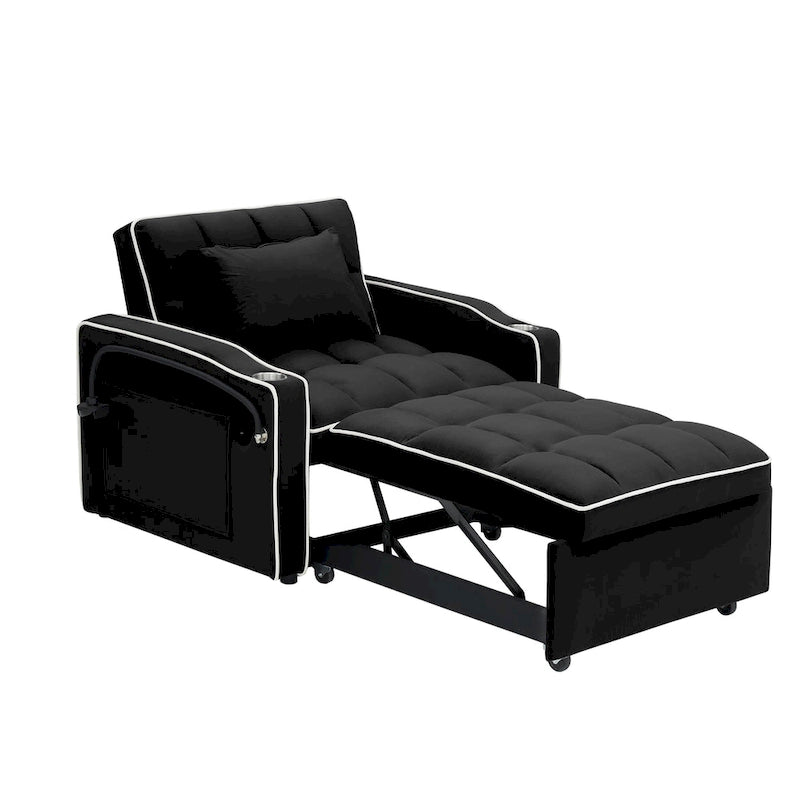 Canapé-lit pliable en velours blanc crème/noir avec dossier réglable, port USB et support de téléphone pivotant – 2 places