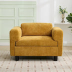 Fauteuil d'appoint surdimensionné en velours tissé bleu / jaune / beige avec accoudoirs pincés et pieds en hévéa – 1 personne