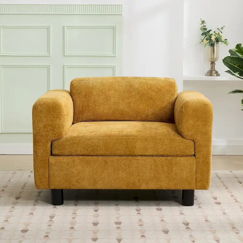 Fauteuil d'appoint surdimensionné en velours tissé bleu / jaune / beige avec accoudoirs pincés et pieds en hévéa – 1 personne