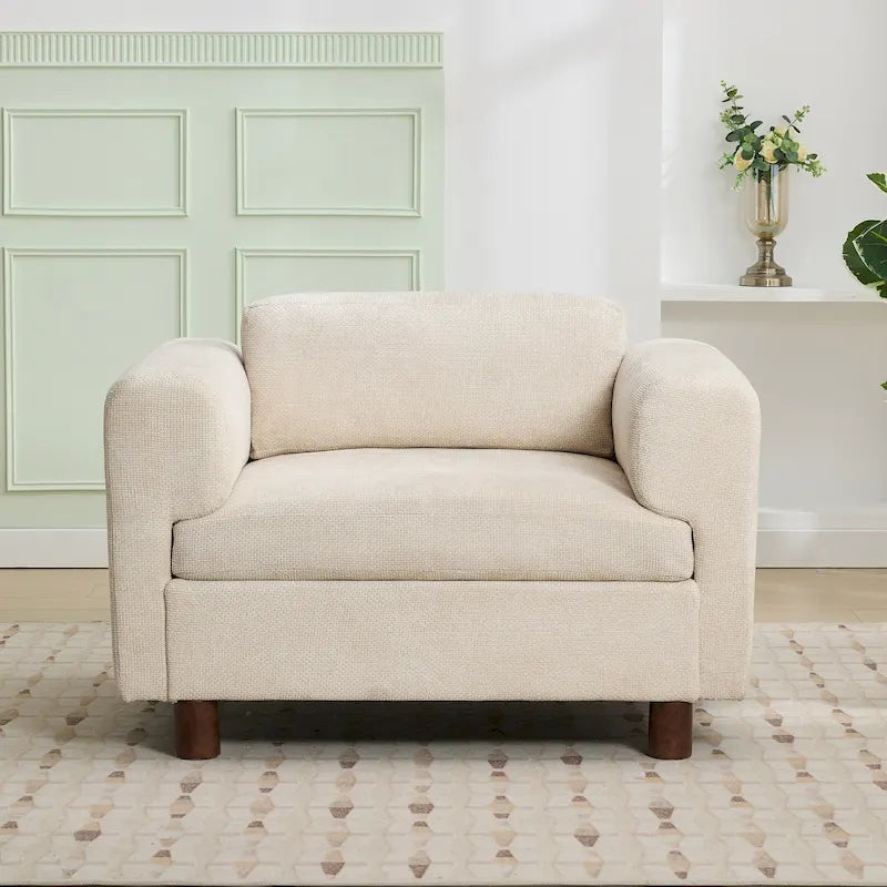 Fauteuil d'appoint surdimensionné en velours tissé bleu / jaune / beige avec accoudoirs pincés et pieds en hévéa – 1 personne