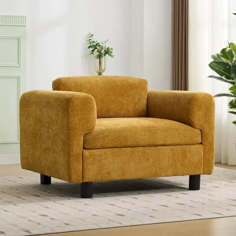 Fauteuil d'appoint surdimensionné en velours tissé bleu / jaune / beige avec accoudoirs pincés et pieds en hévéa – 1 personne