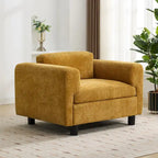 Fauteuil d'appoint surdimensionné en velours tissé bleu / jaune / beige avec accoudoirs pincés et pieds en hévéa – 1 personne