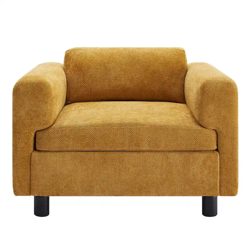 Fauteuil d'appoint surdimensionné en velours tissé bleu / jaune / beige avec accoudoirs pincés et pieds en hévéa – 1 personne