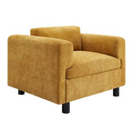 Fauteuil d'appoint surdimensionné en velours tissé bleu / jaune / beige avec accoudoirs pincés et pieds en hévéa – 1 personne
