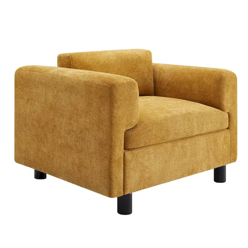 Fauteuil d'appoint surdimensionné en velours tissé bleu / jaune / beige avec accoudoirs pincés et pieds en hévéa – 1 personne