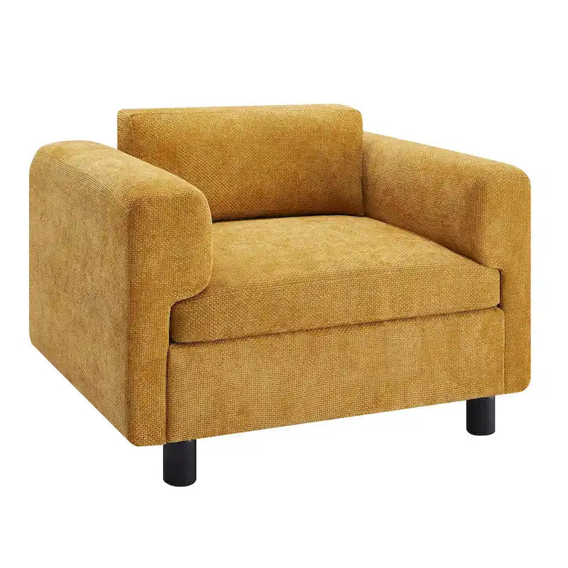 Fauteuil d'appoint surdimensionné en velours tissé bleu / jaune / beige avec accoudoirs pincés et pieds en hévéa – 1 personne