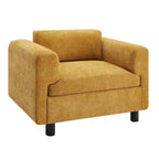 Fauteuil d'appoint surdimensionné en velours tissé bleu / jaune / beige avec accoudoirs pincés et pieds en hévéa – 1 personne