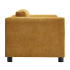 Fauteuil d'appoint surdimensionné en velours tissé bleu / jaune / beige avec accoudoirs pincés et pieds en hévéa – 1 personne