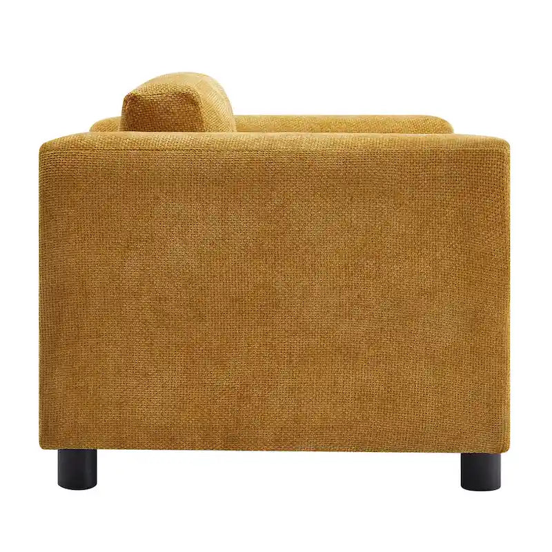 Fauteuil d'appoint surdimensionné en velours tissé bleu / jaune / beige avec accoudoirs pincés et pieds en hévéa – 1 personne
