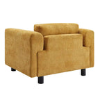 Fauteuil d'appoint surdimensionné en velours tissé bleu / jaune / beige avec accoudoirs pincés et pieds en hévéa – 1 personne