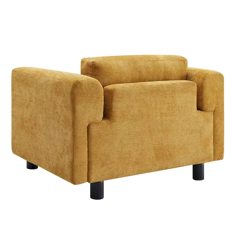 Fauteuil d'appoint surdimensionné en velours tissé bleu / jaune / beige avec accoudoirs pincés et pieds en hévéa – 1 personne