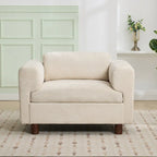 Fauteuil d'appoint surdimensionné en velours tissé bleu / jaune / beige avec accoudoirs pincés et pieds en hévéa – 1 personne