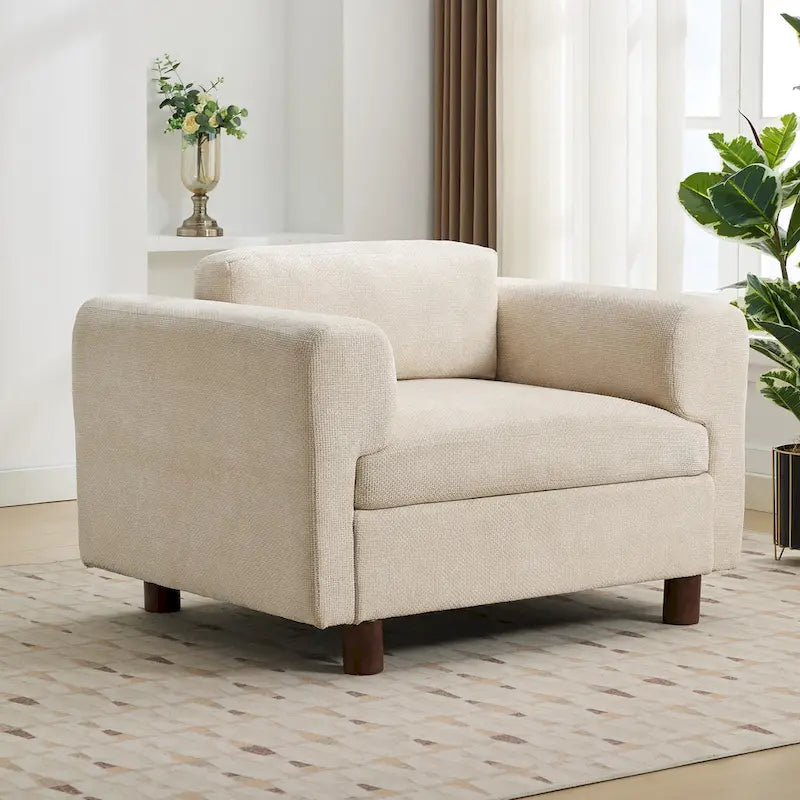 Fauteuil d'appoint surdimensionné en velours tissé bleu / jaune / beige avec accoudoirs pincés et pieds en hévéa – 1 personne