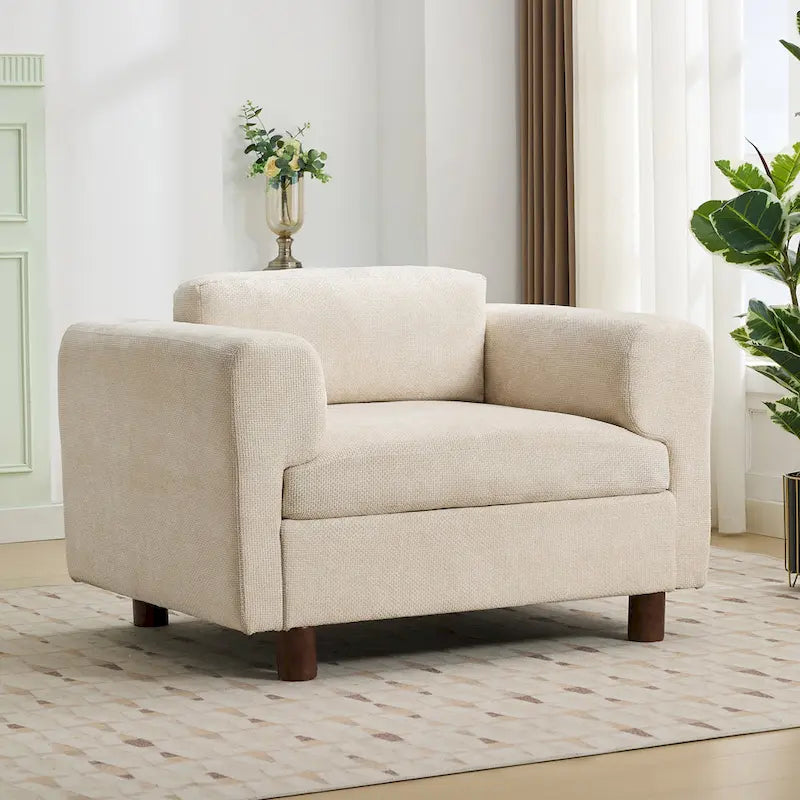 Fauteuil d'appoint surdimensionné en velours tissé bleu / jaune / beige avec accoudoirs pincés et pieds en hévéa – 1 personne