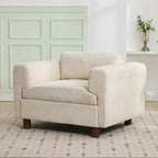 Fauteuil d'appoint surdimensionné en velours tissé bleu / jaune / beige avec accoudoirs pincés et pieds en hévéa – 1 personne