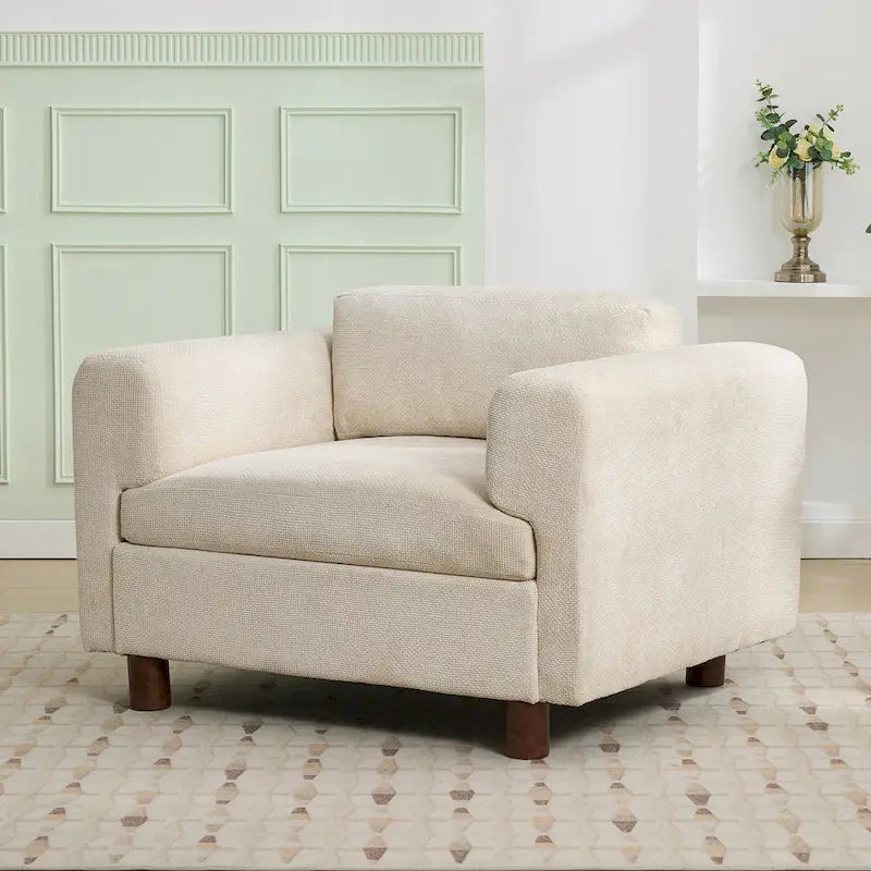 Fauteuil d'appoint surdimensionné en velours tissé bleu / jaune / beige avec accoudoirs pincés et pieds en hévéa – 1 personne