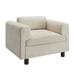 Fauteuil d'appoint surdimensionné en velours tissé bleu / jaune / beige avec accoudoirs pincés et pieds en hévéa – 1 personne