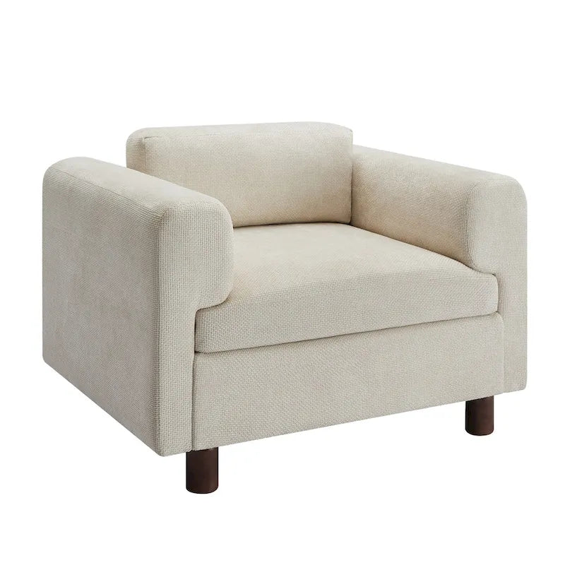 Fauteuil d'appoint surdimensionné en velours tissé bleu / jaune / beige avec accoudoirs pincés et pieds en hévéa – 1 personne