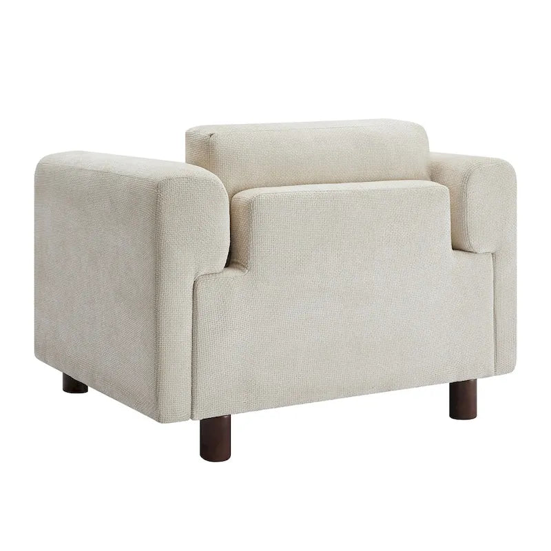 Fauteuil d'appoint surdimensionné en velours tissé bleu / jaune / beige avec accoudoirs pincés et pieds en hévéa – 1 personne