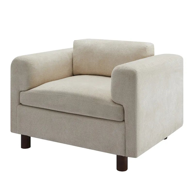 Fauteuil d'appoint surdimensionné en velours tissé bleu / jaune / beige avec accoudoirs pincés et pieds en hévéa – 1 personne