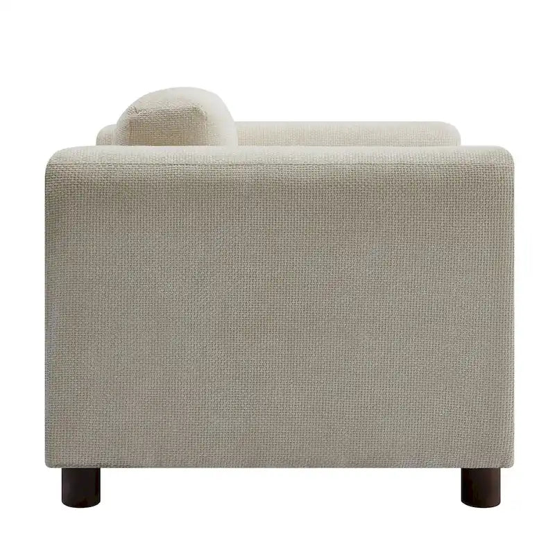 Fauteuil d'appoint surdimensionné en velours tissé bleu / jaune / beige avec accoudoirs pincés et pieds en hévéa – 1 personne
