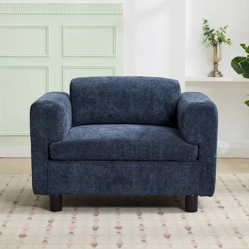 Fauteuil d'appoint surdimensionné en velours tissé bleu / jaune / beige avec accoudoirs pincés et pieds en hévéa – 1 personne
