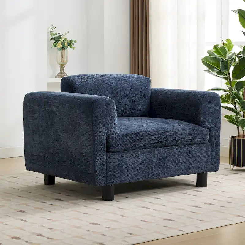 Fauteuil d'appoint surdimensionné en velours tissé bleu / jaune / beige avec accoudoirs pincés et pieds en hévéa – 1 personne
