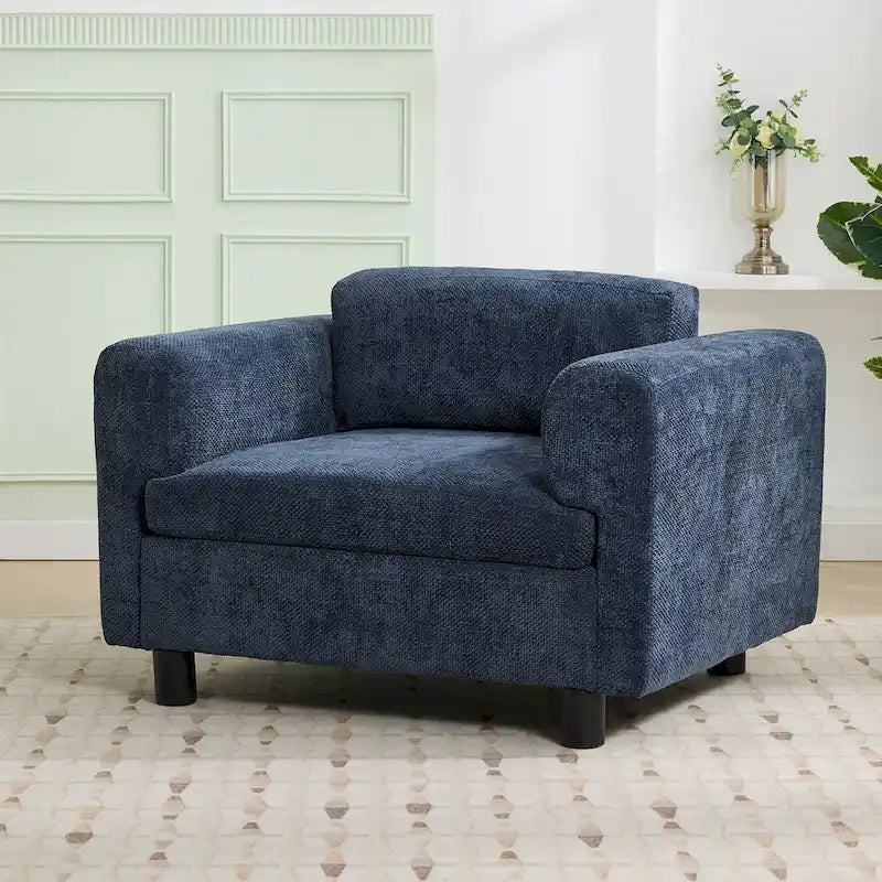 Fauteuil d'appoint surdimensionné en velours tissé bleu / jaune / beige avec accoudoirs pincés et pieds en hévéa – 1 personne