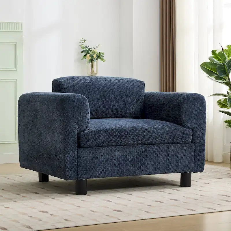 Fauteuil d'appoint surdimensionné en velours tissé bleu / jaune / beige avec accoudoirs pincés et pieds en hévéa – 1 personne