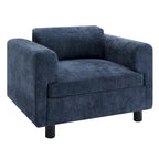 Fauteuil d'appoint surdimensionné en velours tissé bleu / jaune / beige avec accoudoirs pincés et pieds en hévéa – 1 personne