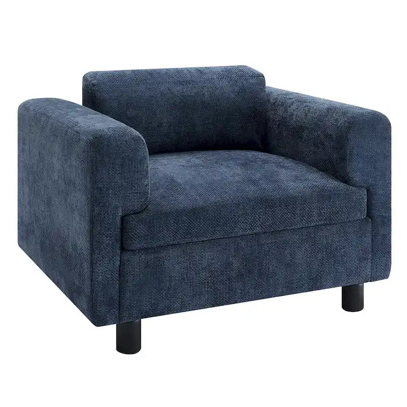 Fauteuil d'appoint surdimensionné en velours tissé bleu / jaune / beige avec accoudoirs pincés et pieds en hévéa – 1 personne