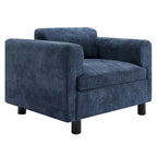 Fauteuil d'appoint surdimensionné en velours tissé bleu / jaune / beige avec accoudoirs pincés et pieds en hévéa – 1 personne