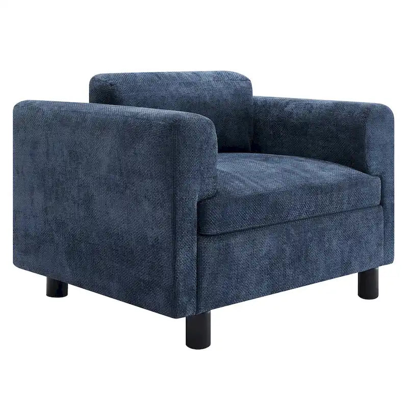 Fauteuil d'appoint surdimensionné en velours tissé bleu / jaune / beige avec accoudoirs pincés et pieds en hévéa – 1 personne
