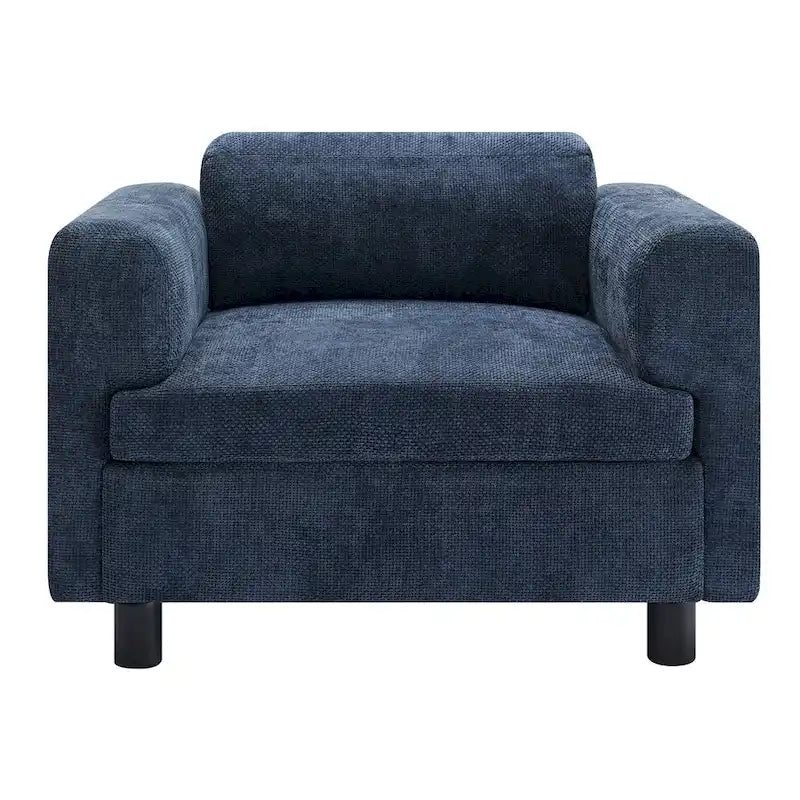 Fauteuil d'appoint surdimensionné en velours tissé bleu / jaune / beige avec accoudoirs pincés et pieds en hévéa – 1 personne