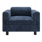 Fauteuil d'appoint surdimensionné en velours tissé bleu / jaune / beige avec accoudoirs pincés et pieds en hévéa – 1 personne