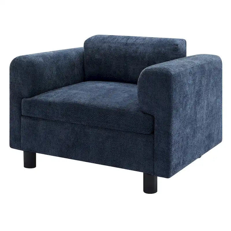 Fauteuil d'appoint surdimensionné en velours tissé bleu / jaune / beige avec accoudoirs pincés et pieds en hévéa – 1 personne